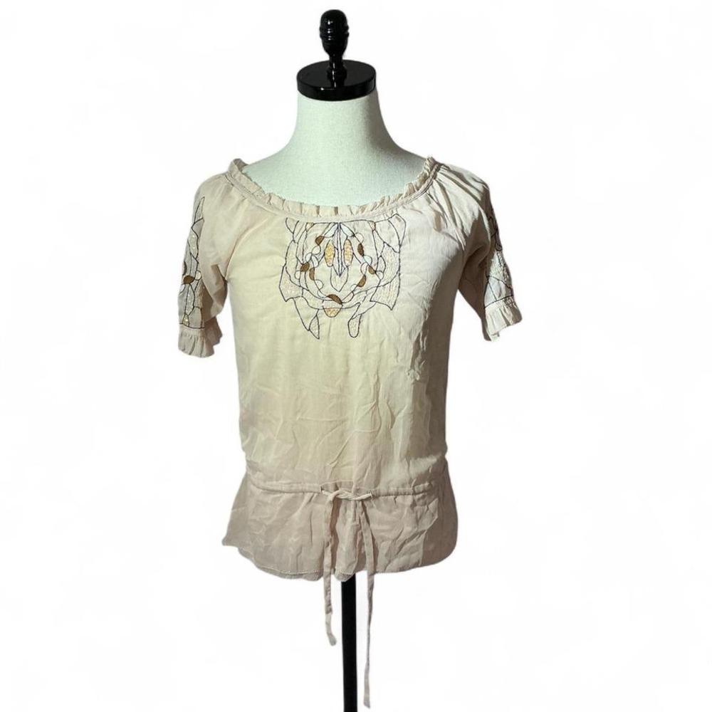 Andree Cream Floral Embroidered Ruffle Neck Tie Waist Blouse Top Sheer‎ boho